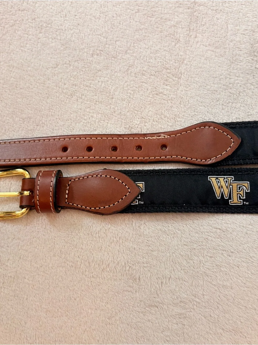 Wake Forest Men's Black Webbed Belt Brown Leather Trim Brass Buckle Sz 36